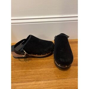 MGemi Black Suede Clogs Wooden Platform Studded Strap Womens Size 38